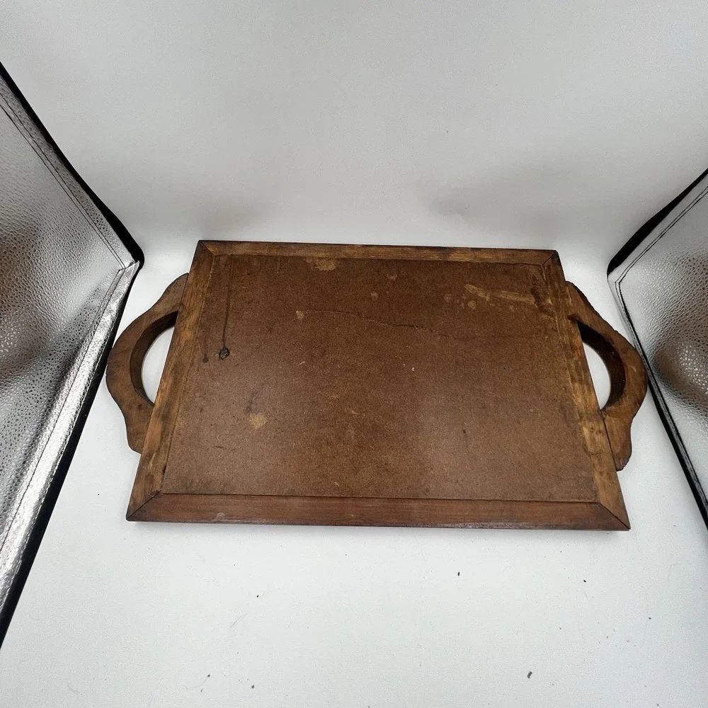 Vintage Hand Carved Mexican Folk Art Wood Serving Tray Ceramic Tiles 22 x 12.5